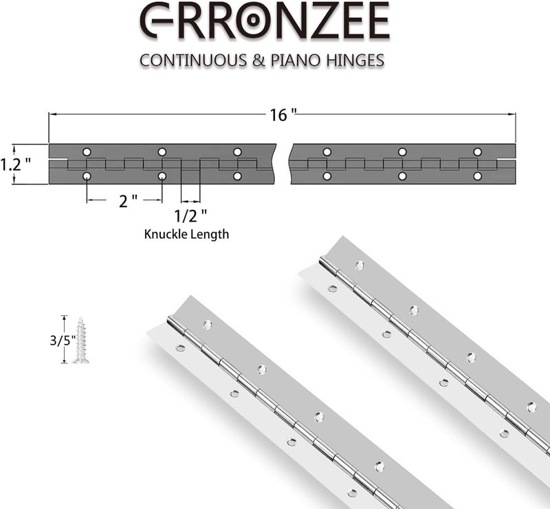 GRRONZEE 2PCS Piano Hinge 16 Inch, Stainless Steel Continuous & Piano Hinge Heavy Duty Piano Hinges, 0.04" Leaf Thickness, 0.5" Knuckle Length, Screw Included - Image 2